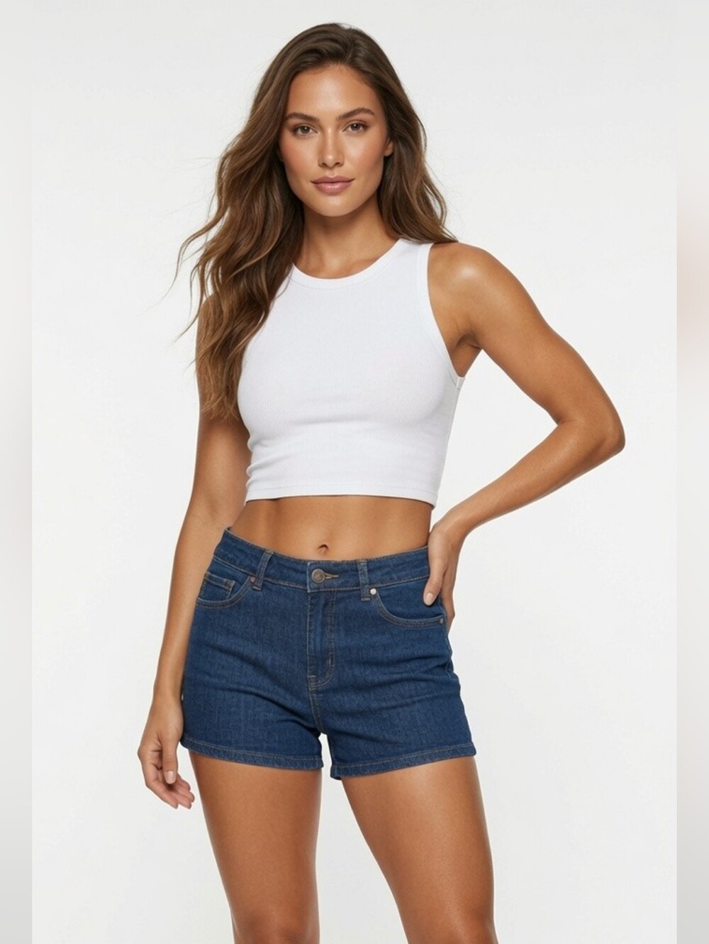 American Quality Women Dark Blue Cotton Blend Denim Shorts (Size: 16)
